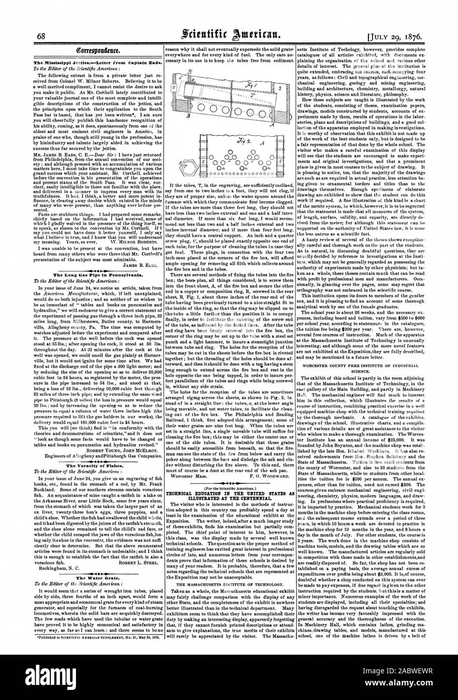 Die lange Gasleitung in Pennsylvania. Der Gier der Fische. Das Wasser reiben. Technische BILDUNG IN DEN VEREINIGTEN STAATEN wie in der Abbildung dargestellt an der hundertjährigen., Scientific American, 1876-07-29 Stockfoto