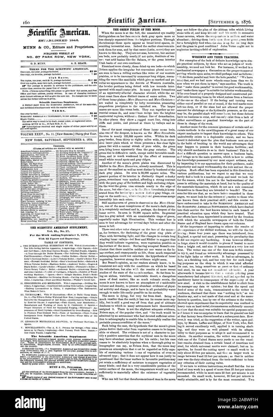 Veröffentlicht wöchentlich an Nr. 87 PARK ROW NEW YORK. 0. D. MUNN. A. E. STRAND. Bedingungen für den Scientific American. Club Preise. Scientific American Supplement. Begriffe. Inhalt. Der SCIENTIFIC AMERICAN SUPPLEMENT. Vol. IL Nr. 37. Inhaltsverzeichnis. Der Scientific American Supplement DIE GRÜNEN FELDER DES MONDES. -0 10 Arbeiter und ihren Lehrern., 76-09-09 Stockfoto