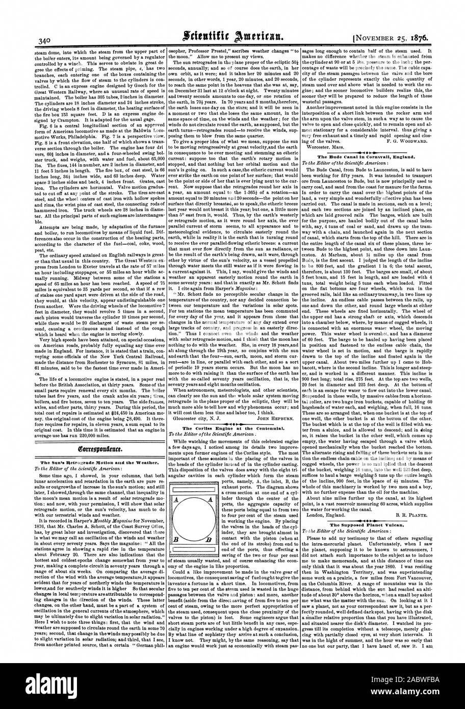 Die Sonne die rückläufige Bewegung und das Wetter. Die corliss Motor an der Hundertjährigen. "Äa Die Bude Canal in Cornwall, England. Die vermeintlichen Planeten Vulkan., Scientific American, 1876-11-25 Stockfoto