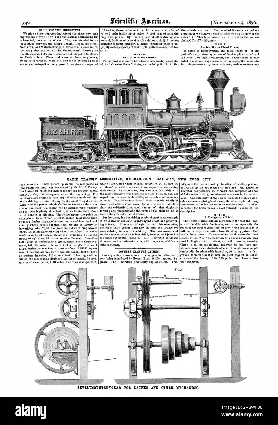 RAPID TRANSIT Lokomotive. Der gesunde Menschenverstand Stühlen. Ein Eis Wasser Kopf Kleid. RAPID TRANSIT LOKOMOTIVE U-BAHN NEW YORK CITY. Zählwerk für Drehmaschinen. Eine gefährliche Pflanze, Scientific American, 1876-11-25 Stockfoto