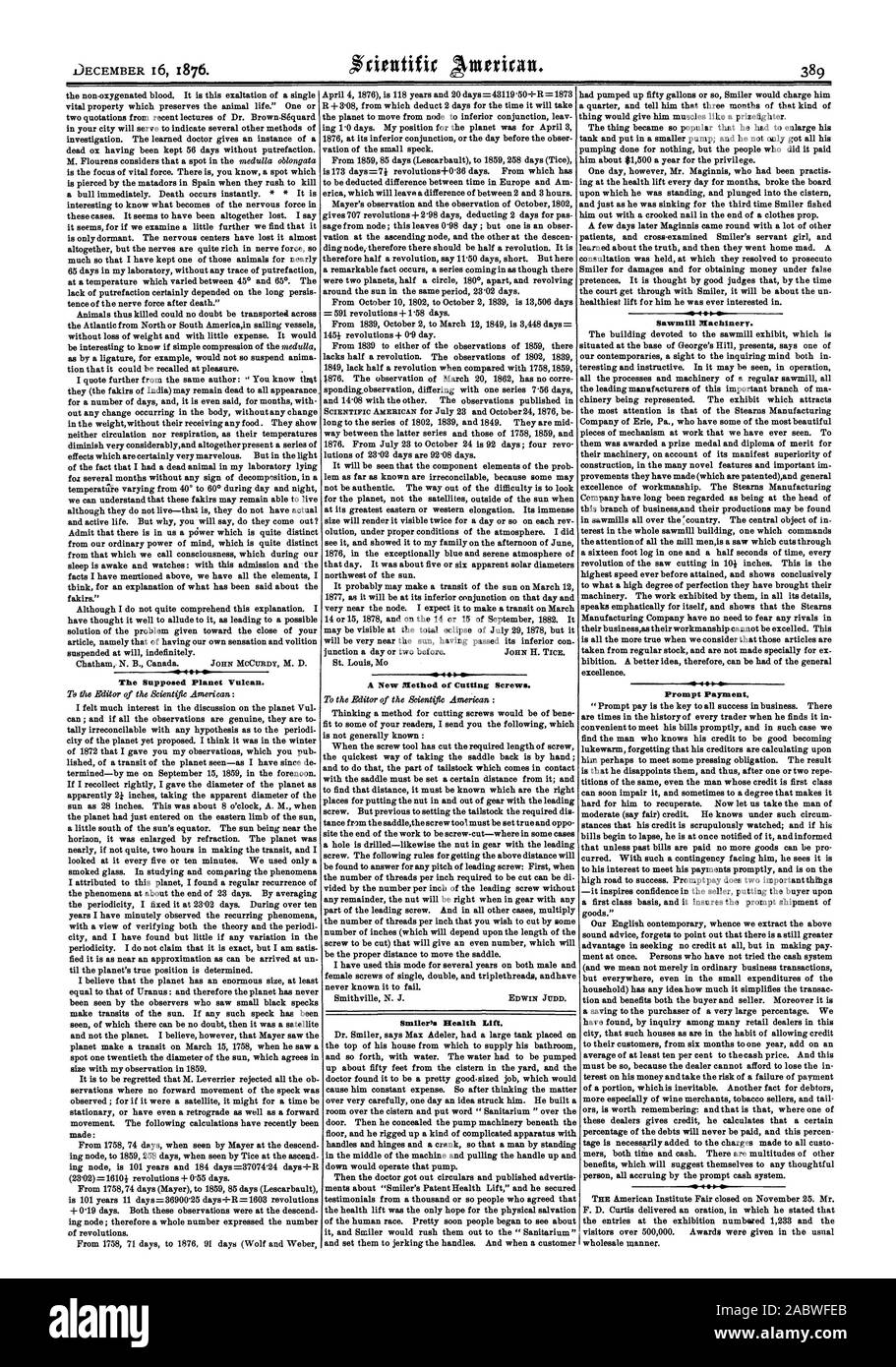 Die vermeintlichen Planeten Vulkan. Eine neue Methode der selbstschneidenden Schrauben. Smiler's Health Lift Sawmill Machinery. Prompte Zahlung., Scientific American, 1876-12-16 Stockfoto