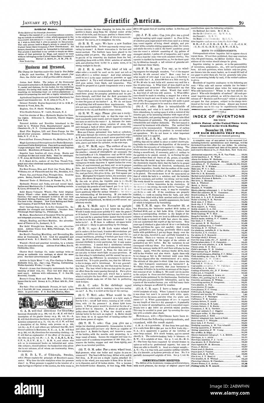 Künstliche Butter. Kommunikation erhalten. INDEX DER ERFINDUNGEN Patentschriften der Vereinigten Staaten waren zum 19. Dezember 1876. Und jedes Lager, dass Datum., Scientific American, 1877-01-27 Stockfoto