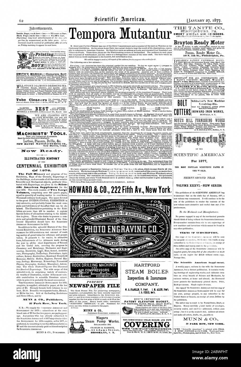Perfekte ZEITUNG DATEI MUNN & Co. Niagara Steam Pumpe arbeitet. BROOKLYN N.Y. STEAM BOILER Inspection & Insurance Company. S. B. FRAIICLII V. Prett. J. ICH ALLEI Teil J. B. PIR-Sty. PATENT AUFZUG SCHAUFEL FÜR ROCK BOHRMASCHINEN uUSLEIGHROCKDRIU. Co.NEW HAVEN MANUFACTURING CO. ILLUSTRIERTE GESCHICHTE DER CENTENNIAL EXHIBITION = 3.13743. Wissenschaftliche MUNN & Co Verlage 37 Park wie 'New York. Die TAN ITE CO.STROUDSBURG PA. Schmirgel RÄDER UND CRINDERS. Brayton Bereit Motor für 1877 BAND XXXVINEW SERIE. Bedingungen des Abonnements. MUNN & CO 37 PARK ROW NEW YORK. empora Mutantur MASCHINISTEN' TOOLS J.E Stockfoto