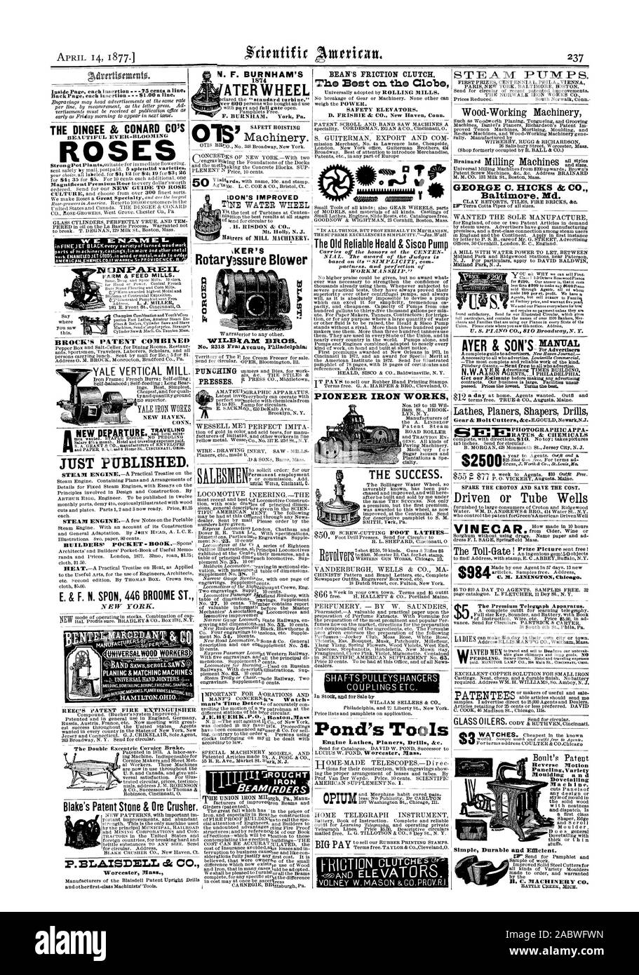 14. APRIL 1877. Inside Seite jedem Einfügen' 75 Cent ein Farbton. ROSE WIR ved' EMAILLIERT J ET 0100 S. in Holz oder metalwide zu Motley BROCK'S PATENT KOMBINIERT REEC'S PATENT FEUERLÖSCHER' Worcester, Mass. BEAN RUTSCHKUPPLUNG das Beste auf. Die Clobe SICHERHEIT AUFZÜGE. Die alte Zuverlässige heald & Sisco Pumpe PIONIER IRON WORKS VANDERBURGH BRUNNEN & CO.MA PARFÜMERIE. - Von W. SAUNDERS's Pond Tools Engin de e Drehmaschinen Planern Bohrer C. HOME TELEGRAPH INSTRUMENT GEORGE C. HICKS & Baltimore MD. WOLLTE DIE ALLEINIGE HERSTELLUNG Midland Park N. J. AYER & SOHN: Ema $ 2500 fotografische APPA RATUS. 1 Ic Chemikalien angetrieben oder Rohr Stockfoto