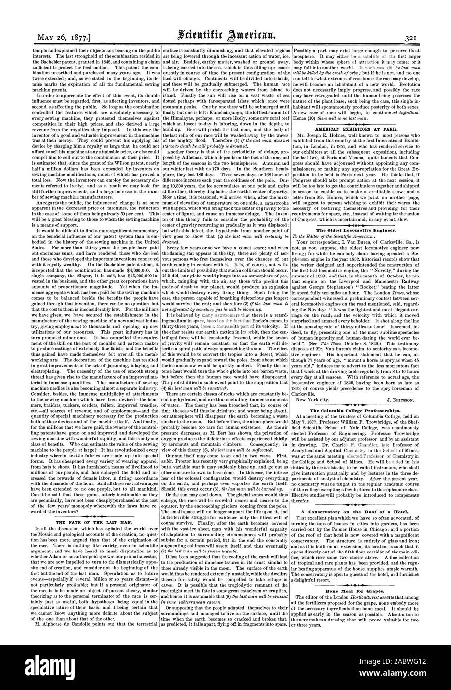 Das SCHICKSAL DES LETZTEN MENSCHEN. Amerikanische AUSSTELLER IN PARIS. Die älteste Lokomotive Ingenieur. Das Columbia College Professuren. Ein Wintergarten auf dem Dach eines Hotels. Knochen heilen für Trauben., Scientific American, 1877-05-26 Stockfoto