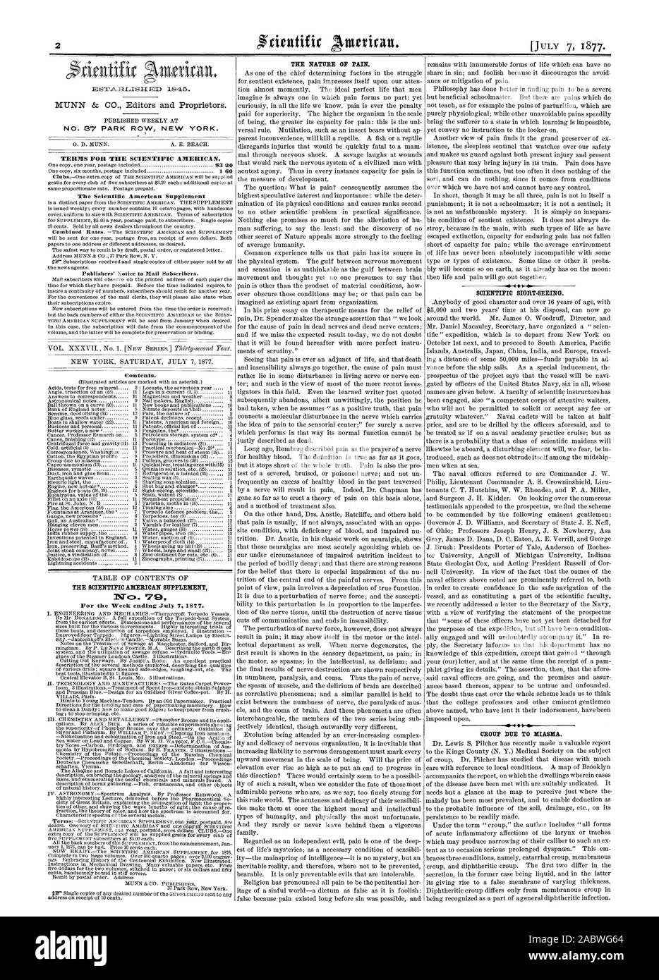 I Nr. 87 PARK ROW NEW YORK. Bedingungen für den Scientific American. Der Scientific American Supplement Inhalt. Der SCIENTIFIC AMERICAN SUPPLEMENT 1 Vco. '79 für die Woche 7. Juli 1877 endet. Die Art der Schmerzen. Wissenschaftliche sight-seeing. 4 II C KRUPPE DURCH MIASMA., 1877-07-07 Stockfoto