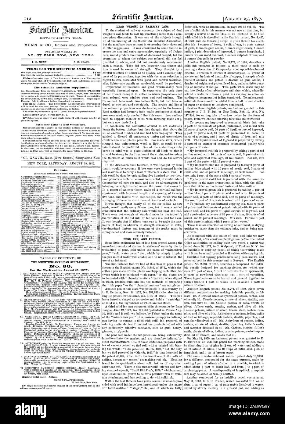 Nr. 37 PARK ROW NEW YORK. 1 S der Scientific American Supplement Publishers' Ankündigung E-Mail Abonnenten. Inhalt. Nr. B für die Woche vom 25. August 1877 endet. Eigengewicht in Eisenbahnwaggons. Stifte Tinte und Kugelschreiber., 1877-08-25 Stockfoto
