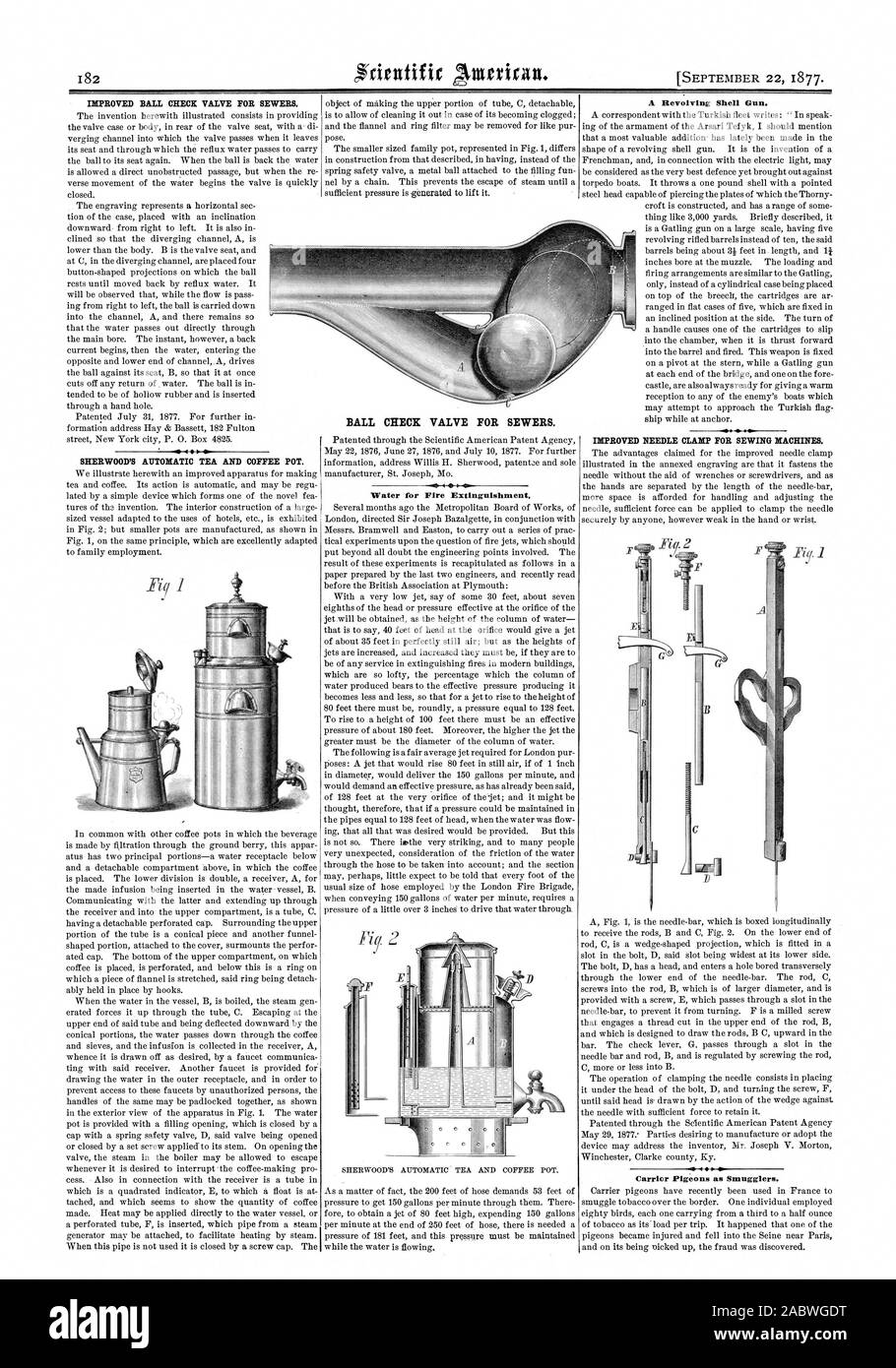 Verbesserte BALL RÜCKSCHLAGVENTIL FÜR ABWASSERLEITUNGEN. 0 4 III SHERWOOD'S AUTOMATISCHE Tee- und Kaffeemaschine. Kugel des Rückschlagventils für ABWASSERLEITUNGEN. .0 4. Wasser für Feuer ablöschen. Eine revolvierende Shell Gewehr. Verbesserte NADEL SCHELLE für Nähmaschinen. Brieftauben als Schmuggler., Scientific American, 1877-09-22 Stockfoto