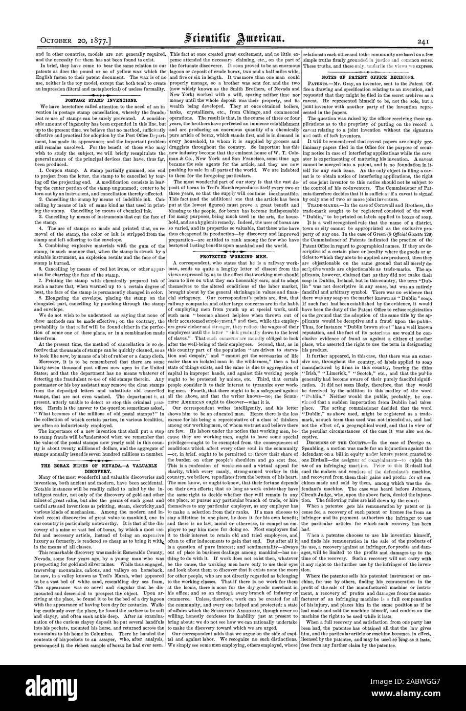 Briefmarke Erfindungen. Die borax Minen von NEVADAA wertvolle Entdeckung. Geschützt arbeiten Männer. Noten von PATENTAMT ENTSCHEIDUNGEN., Scientific American, 1877-10-20 Stockfoto