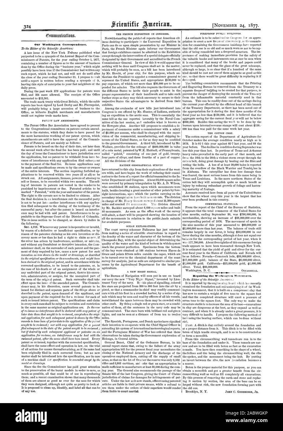 Unsere Washington Korrespondenz. 4. Reparatur des Washington Monument., Scientific American, 1877-11-24 Stockfoto