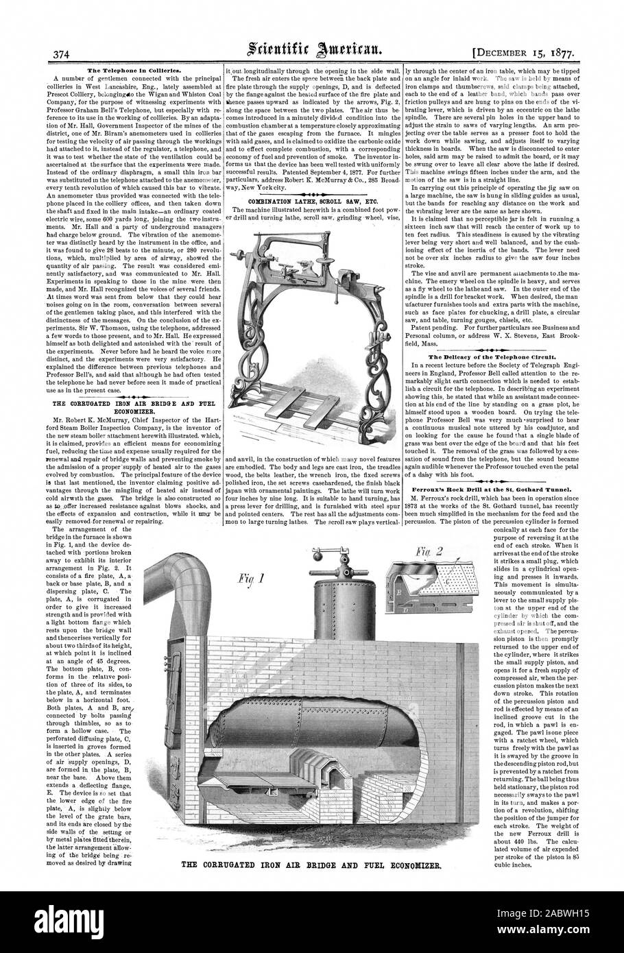 Das Telefon in Zechen. Das WELLBLECH LUFT KREMPE} E UND KRAFTSTOFF KOMBINATION DREHMASCHINE DEKUPIERSÄGE usw. Die Feinheit der Telefonleitung. Das WELLBLECH, BRÜCKE UND KRAFTSTOFF ECONOMISER, Scientific American, 1877-12-15 Stockfoto