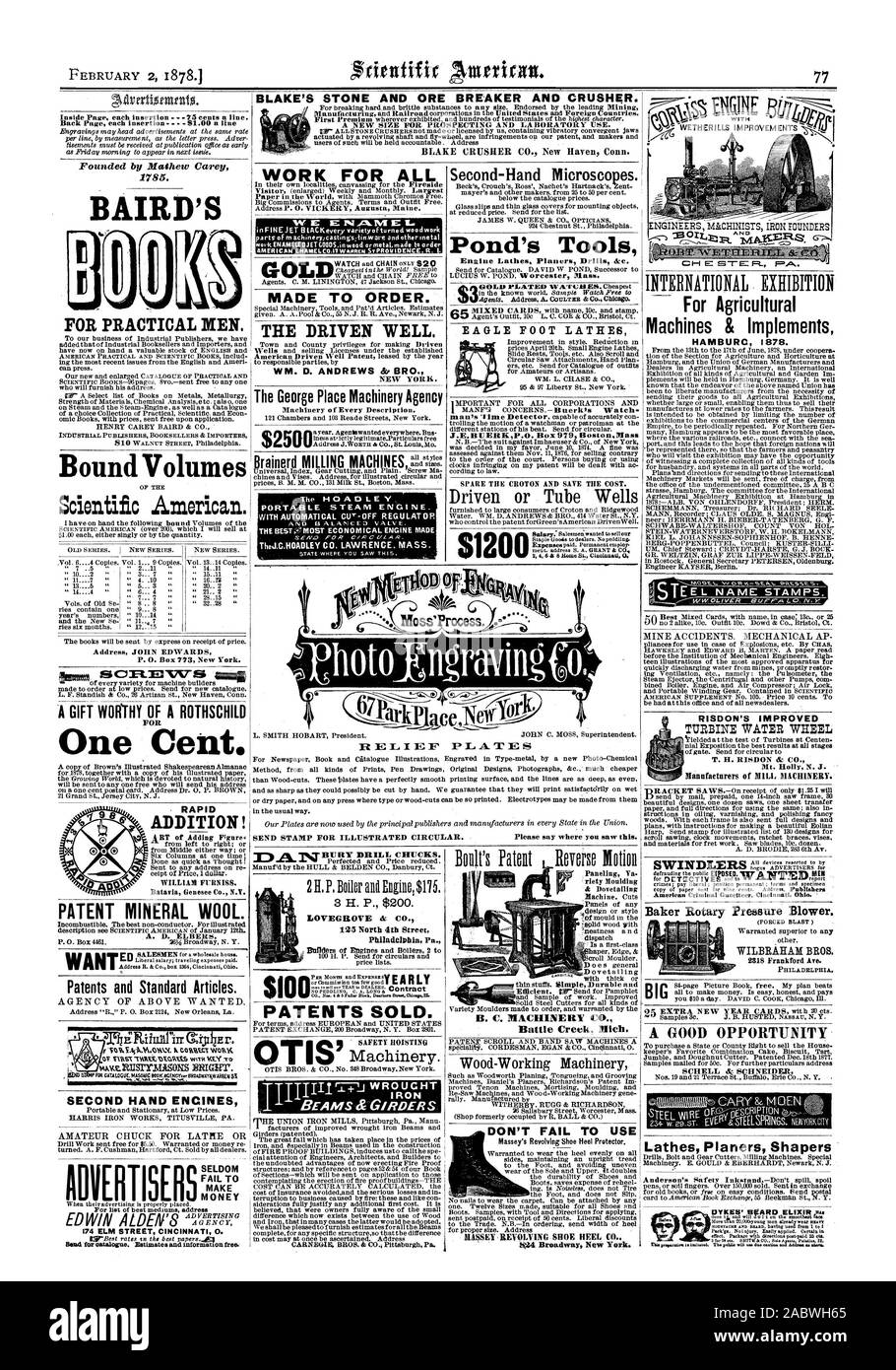 BLAKE's Stein und Erz Leistungsschalter und Brecher. Von Mathew Carey 1785 gegründet. BAIRD'S für praktische Männer. Gebundene Ausgaben Scientific American. Ein Cent. Schnelle hinaus PATENT MINERALWOLLE. Patente und Standard Artikel. Arbeit für alle auf Bestellung gefertigt. Die angetriebene gut. WM. D. ANDREWS Tanne BR. Das George Hotel Maschinen Agentur PATENTE VERKAUFT. [OTI] gebrauchte Mikroskope. Der Teich Werkzeuge Motor Drehmaschinen Planern Bohrer & C. $ 3 NICHT fehlschlagen, verwenden Sie die Massey revolvierenden Schuh Heel Protector. MASSEY REVOLVIERENDEN SCHUH HEEL C für landwirtschaftliche Maschinen und Arbeitsgeräte HAMBURC 1878. RISDON DIE VERBESSERTE TURBINE WASSERRAD T. H. RISDON Stockfoto