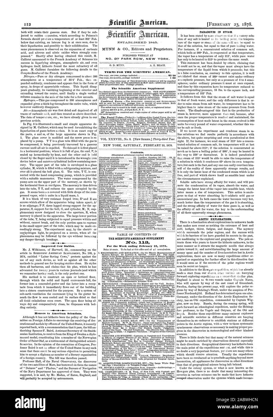 Woche 23. Februar 1878 endet. Verbesserte Kuh Stall. Paradoxien in Dampf. Arktis Erkundungen., Scientific American, 1878-02-23 Stockfoto