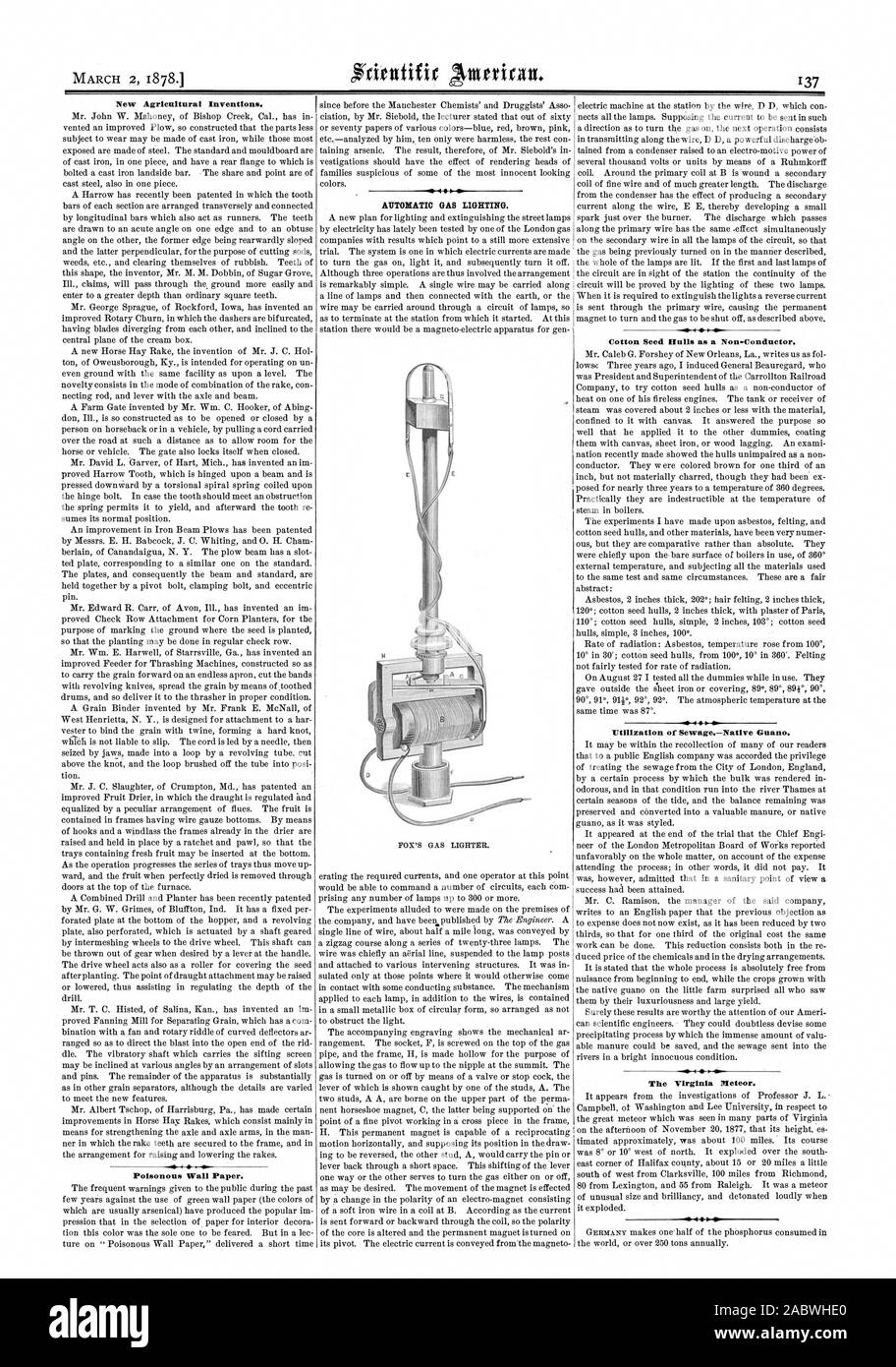 Neue landwirtschaftliche Erfindungen. Giftig Wand Papier. Baumwollsamen Rümpfe als Non-Conductor. Nutzung von SewttgeNative Guano. Die Virginia Meteor., Scientific American, 1878-03-02 Stockfoto