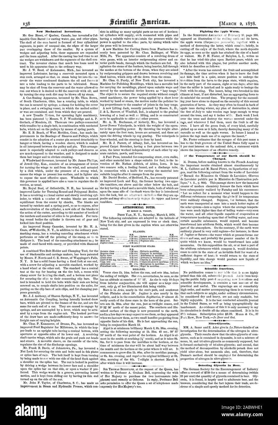 Etv mechanischen Erfindungen. Astronomische Anmerkungen. Durch BERLIN H. WRIGHT. Bekämpfung der Apfel Wurm. Scientific American. 45 41. Nitro-Glycerin. Erkennung von Glycerin in Bier. Wenn die Temperatur ofChanged. Die Erde sollte sein, 1878-03-11 Stockfoto