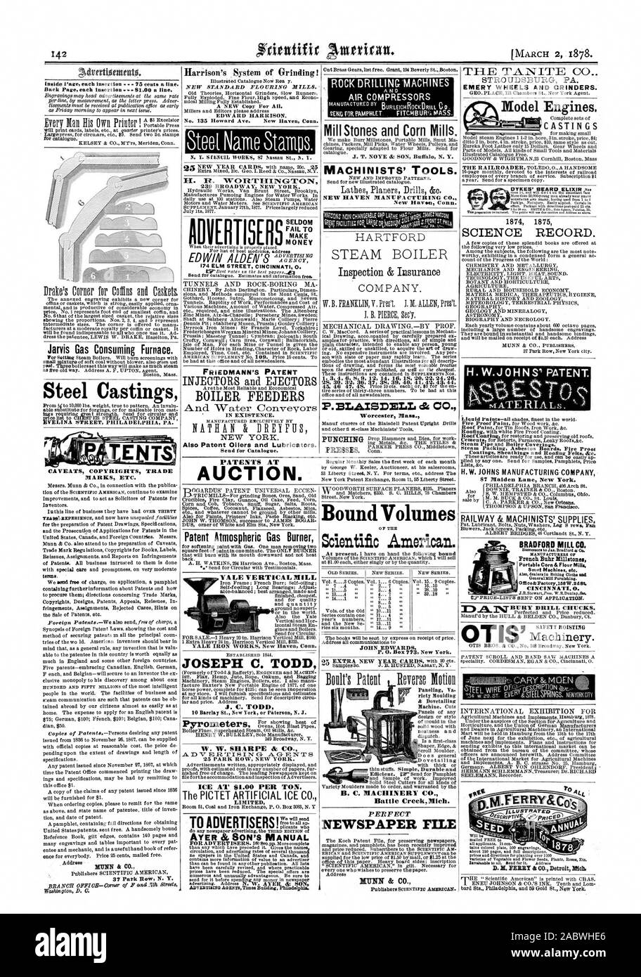 FRIEDMANN'S PATENT KESSEL FEEDER NEW YORK. Vorbehalte URHEBERRECHTE MARKEN usw. 37 Park Row N.Y. KOMPRESSOREN DER TA NITE C STROUDSBURG PA Modell Motoren. Inserent Jarvis Gas verbrauchen Ofen. Stahlguss Patent atmosphärische Gasbrenner VERTIKALMÜHLE YALE YALE IRON WORKS neue Raven Anschl. JOSEPH C. TODD J. C. TODD IV. W. SHARPE & CO EIS BEI $ 1,00 pro Tonne. Scientific American B.C. MACHINERY CO. Perfekte ZEITUNG DATEI NUNN & Co. MASCHINISTEN' TOOLS. NEW HAVEN DIANCFA CTCRING CO J. B. PIERCE SeCIT2S 30. 32 36 37 38 39 40 41 42 43 44 Worcester, Mass. Gebundene Ausgaben H. W. JOHNS FERTIGUNG - Stockfoto