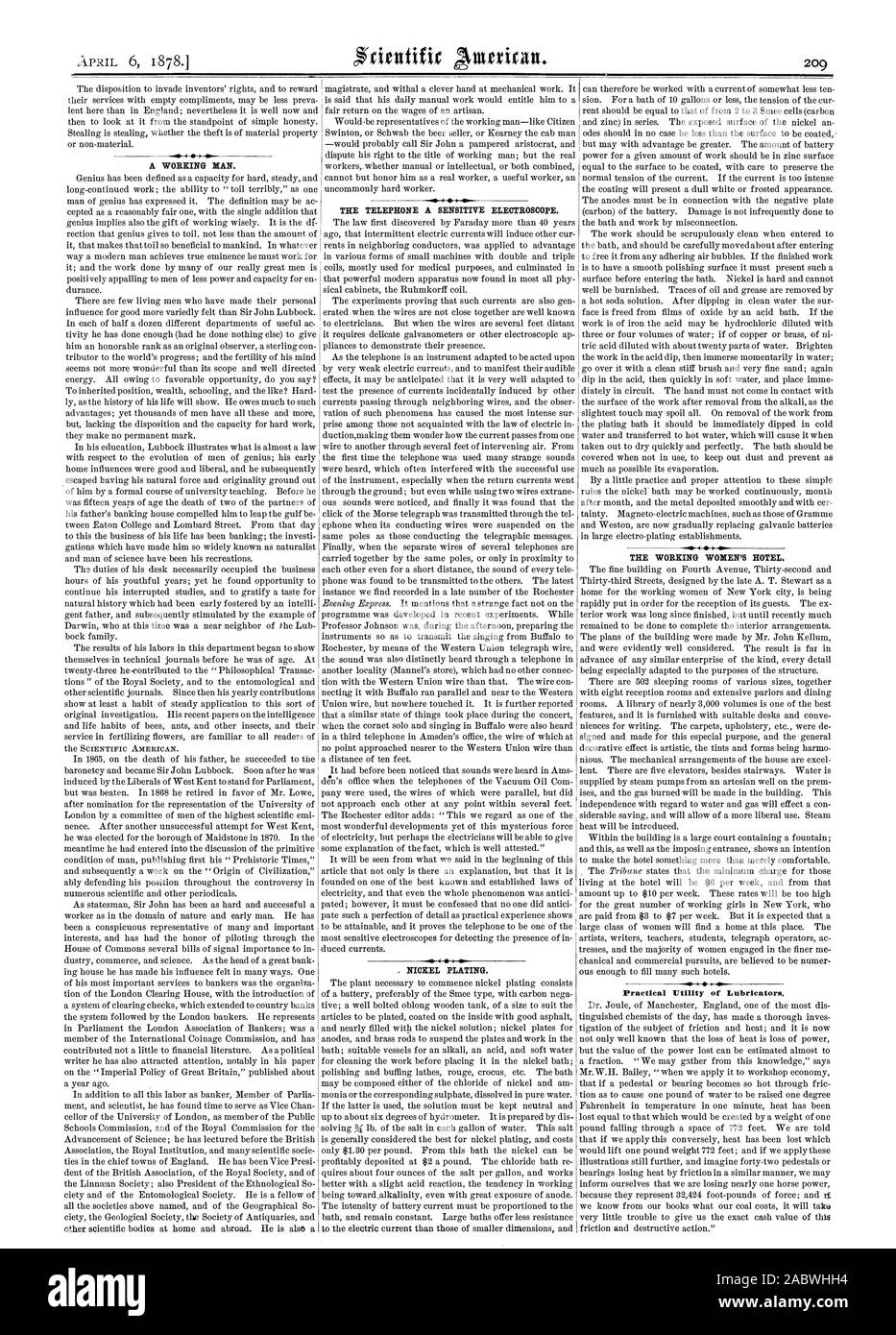 Ein Arbeiter. Das Telefon EINE SENSIBLE ELEKTROSKOP. 4 Ich. Vernickelt. Der arbeitenden Frauen. Öler., Scientific American, 1878-04-06 Stockfoto