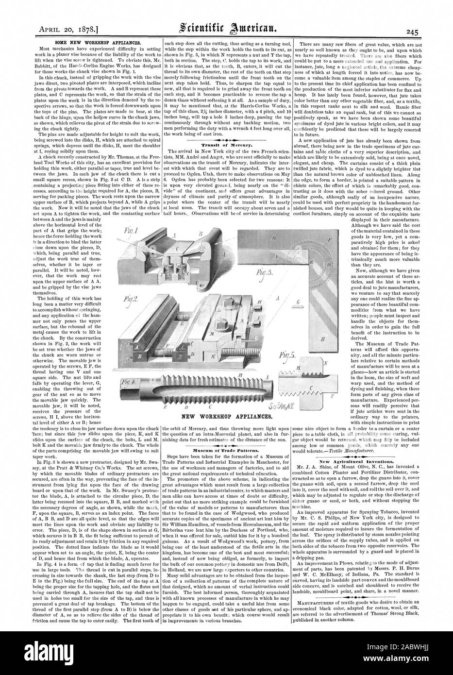 APRIL 20 18781 einige neue Werkstatt Appliances. Transit des Merkur. Ich 00 Museum der Handelsströme. Neue landwirtschaftliche Erfindungen. Neue WERKSTATT GERÄTE., Scientific American, 1878-04-20 Stockfoto