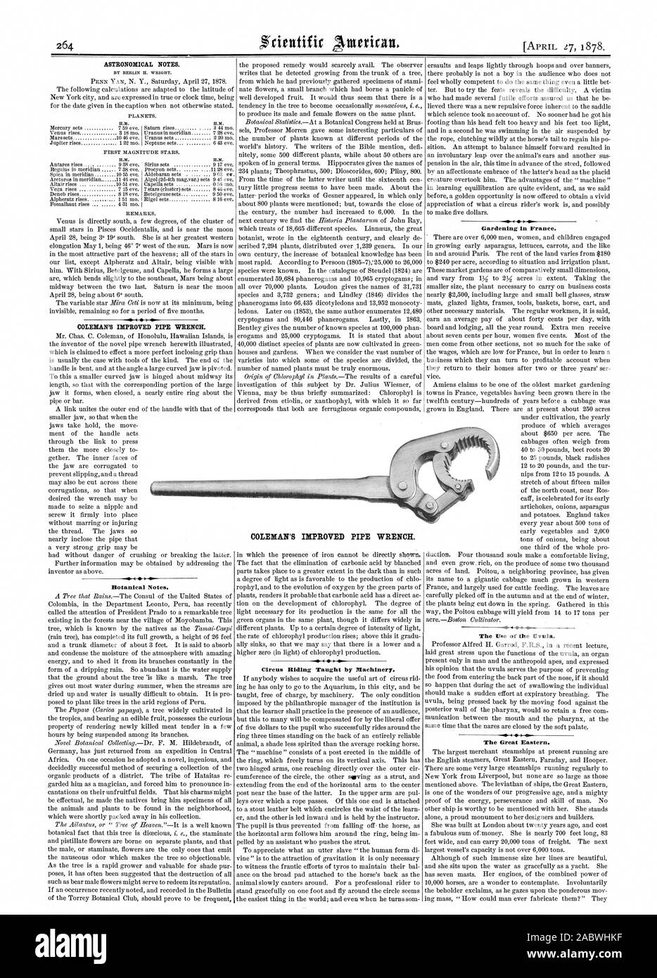 Astronomische Anmerkungen. Durch BERLIN H. WRIGHT. ELM. 1234567 COLEMAN'S VERBESSERTE ROHRZANGE. Botanische Notizen. Zirkus Reiten gelehrt von Maschinen. Gartenbau in Frankreich. Die Verwendung der Zäpfchen. Das Great Eastern. COLEMAN'S VERBESSERTE ROHRZANGE., Scientific American, 1878-04-27 Stockfoto