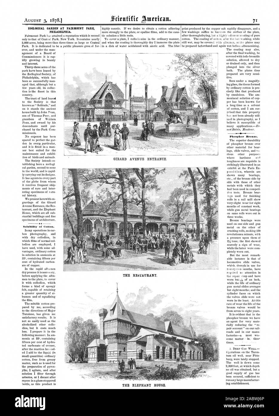 Der zoologische Garten in Fairmount Park Philadelphia. Löslichkeit von Baumwolle. Phosphorbronze. iTair: GIRARD AVENUE EINGANG ZUM RESTAURANT. Das Elephant House., Scientific American, 1878-08-03 Stockfoto