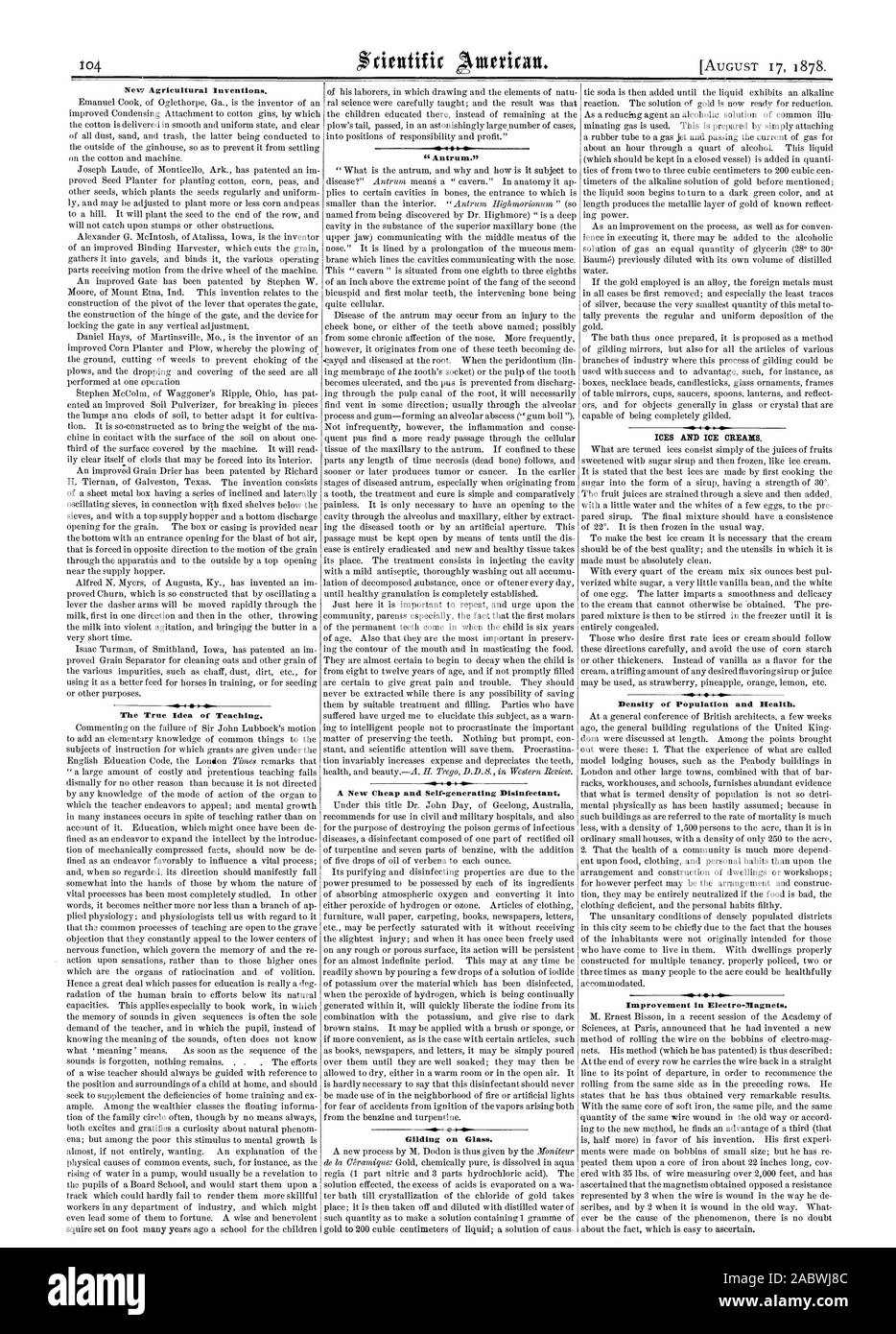 Die wahre Idee des Unterrichts. Eine neue Billig und Selbst-Generierung von Desinfektionsmittel. Vergoldung auf Glas. ICES UND EIS. Die Dichte der Bevölkerung und Gesundheit. 1. Verbesserung der Electro-Magnets., Scientific American, 1878-08-17 Stockfoto