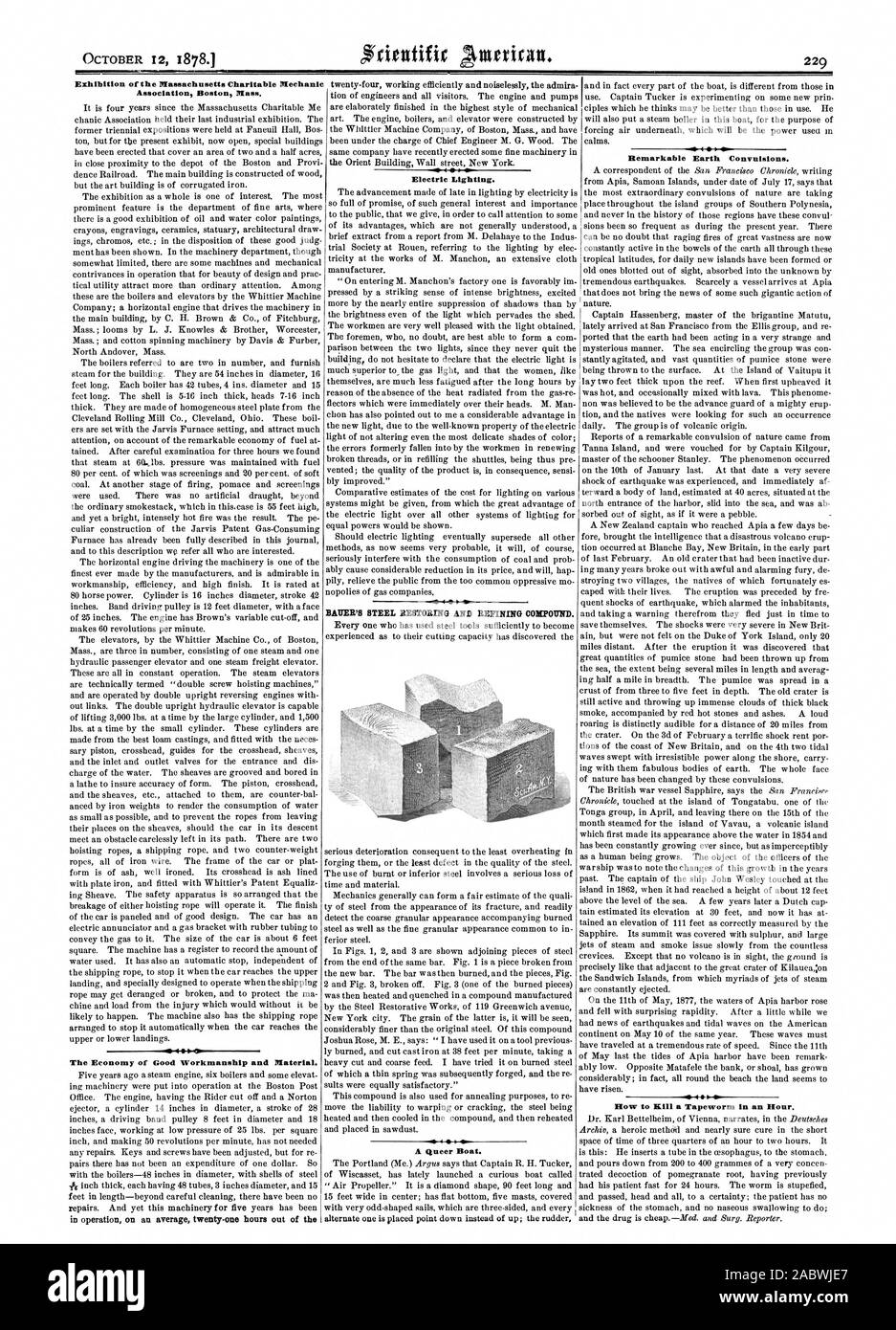 Ausstellung des Massachusetts karitativen Mechaniker Association Boston Mass ilebei der Wirtschaft gute Verarbeitung und Material. Elektrische Beleuchtung. 1 BAUER STAHL WIEDERHERSTELLEN UND verfeinern. Eine queer Boot. Bemerkenswerte Erde Krämpfe. Wie ein Bandwurm in einer Stunde töten., Scientific American, 1878-10-12 Stockfoto