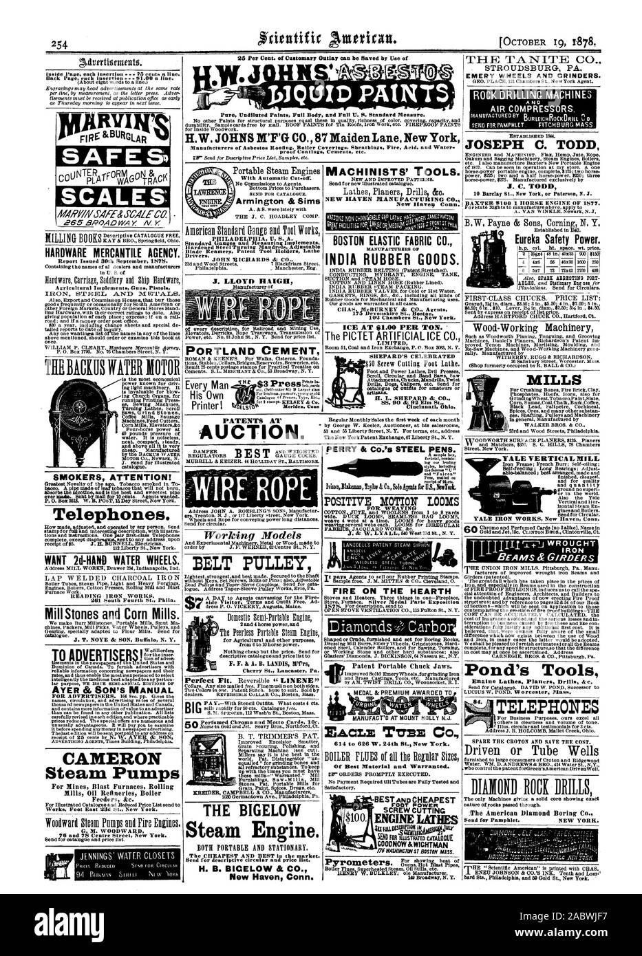 Bericht wurde am 30. September 12478. in US landwirtschaftlicher Geräte Pistolen Pistolen RAUCHER ACHTUNG! Telefone. 2 Liberty St. New York. Möchten Sie 2d-HAND WASSER RÄDER. Mühle Steine und Getreidemühlen. CAMERON Dampf Pumpen für Minen Hochöfen, Walzwerke Ölraffinerien Kessel Feeder & C. Werke Fuß Osten' 23d St. New York. G.M. WOODWARD Standard Messgeräte und Messung implementiert. J. LLOYD HAIGH PORTLAND CEMENT PATENTE Al'Auktion. Modelle RIEMENSCHEIBE DER BIGELOW Dampfmaschine. Die billigste und beste auf dem Markt. Für beschreibende Kreis- und Preisliste senden. H.B. BIGELOW & Co. Neue Stockfoto
