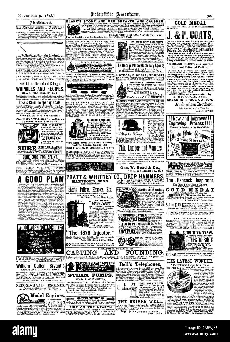 Maschinen PLATTEN RATSCHE EINE PRAKTISCHE Abhandlung über CASTING UND GRÜNDUNG. L. F. Standish & Co 26 Artizan St. New Haven Anschl. für die kleine Stadt und Grafschaft Privilegien für die Herstellung von Getrieben Mann 176 Washington Street Boston Mass. Ich offenen Herd VENTILATLylk CO 5 ulton St. NEW YORK NEW YORK. J.&S. MÄNTEL für Schieber Baumwolle in PARIS., Scientific American, 1878-11-09 Stockfoto