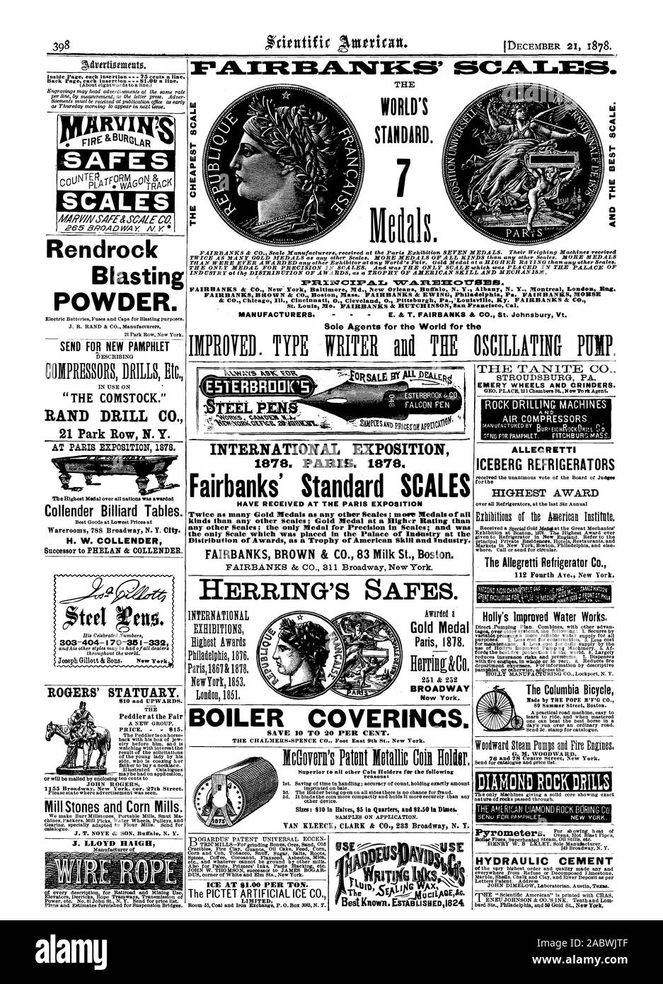 FAIRBANKS & Co New York Baltimore MD. New Orleans Büffel. N.Y. Albany N.Y. Montreal London Eng. ll HERSTELLER E.&T. FAIRBANKS & Co St. Johnsbury Vt. Alleinige Agenten für die Welt für die verbessert. Typ Schriftsteller alle OSZILLIERENDER PUMPE. Die Bekannteste. ESTABLism 1824, Scientific American, 1878-12-21 Stockfoto