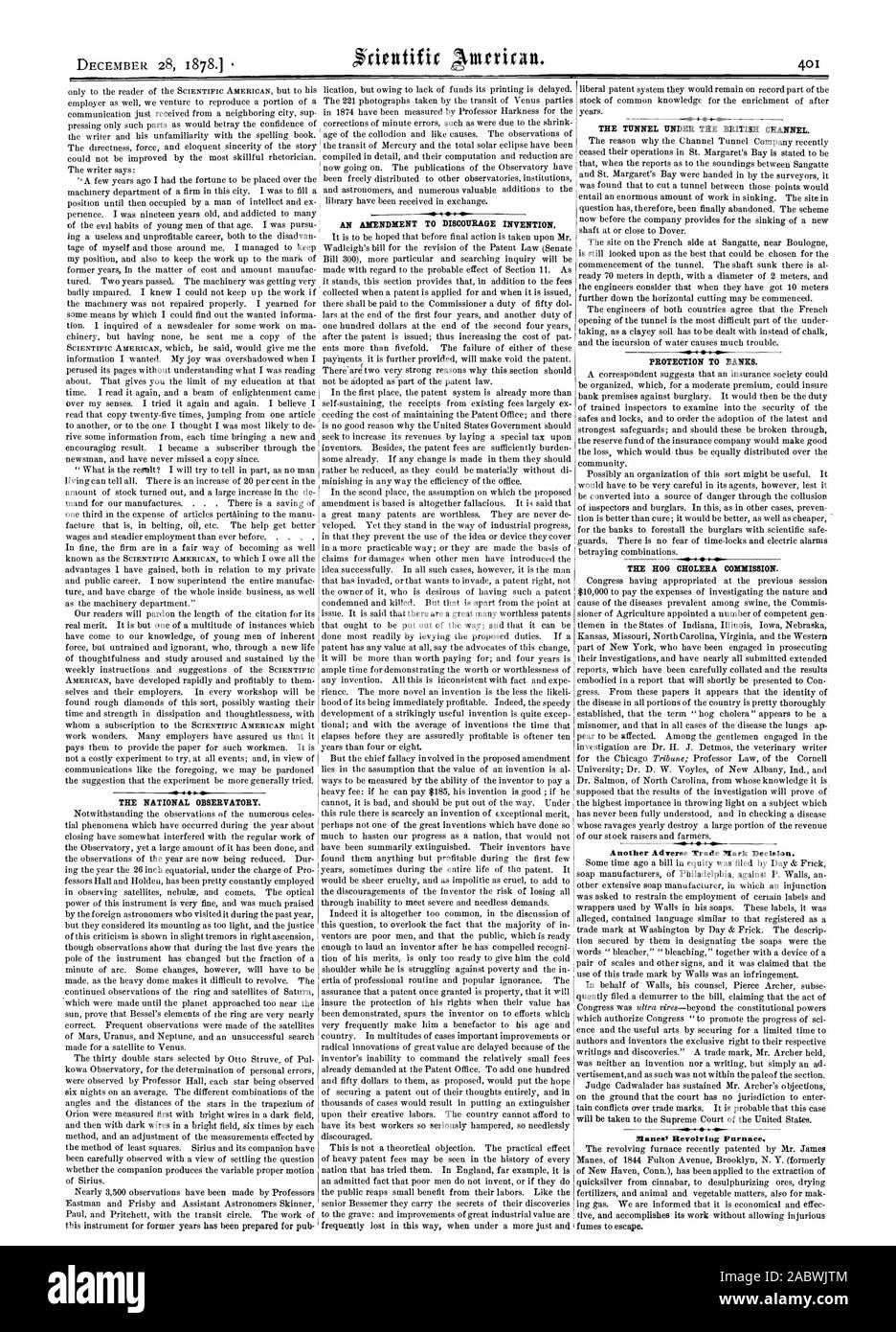 28. DEZEMBER 1878 DIE NATIONALE BEOBACHTUNGSSTELLE. Eine änderung zu entmutigen, Erfindung. Der Tunnel unter dem Ärmelkanal. Schutz an die Banken. Die HOG CHOLERA KOMMISSION. Manes' drehbaren Ofen., Scientific American, 1878-12-28 Stockfoto