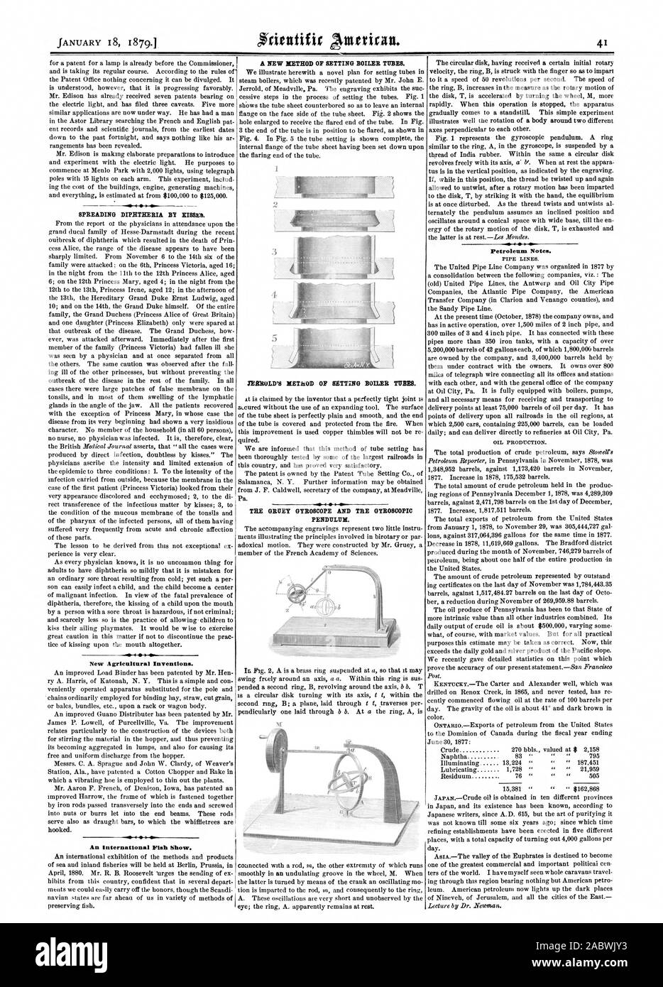 Verbreitung DIPMTHERIA VON RIME & Neue landwirtschaftliche Erfindungen. - Eine internationale Fische zeigen. Die GRUEY GYROSKOP UND TRE GYROSKOPISCHEN PENDEL. Erdöl stellt fest. St t, Scientific American, 1879-01-18 Stockfoto