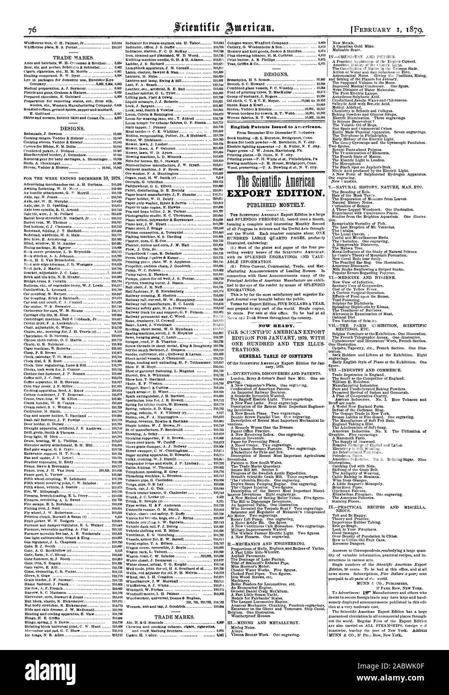 Englisch erteilten Patente zu den Amerikanern. EXPORT EDITION. Jetzt bereit. Allgemein INHALTSVERZEICHNIS, Scientific American, 1879-02-01 Stockfoto