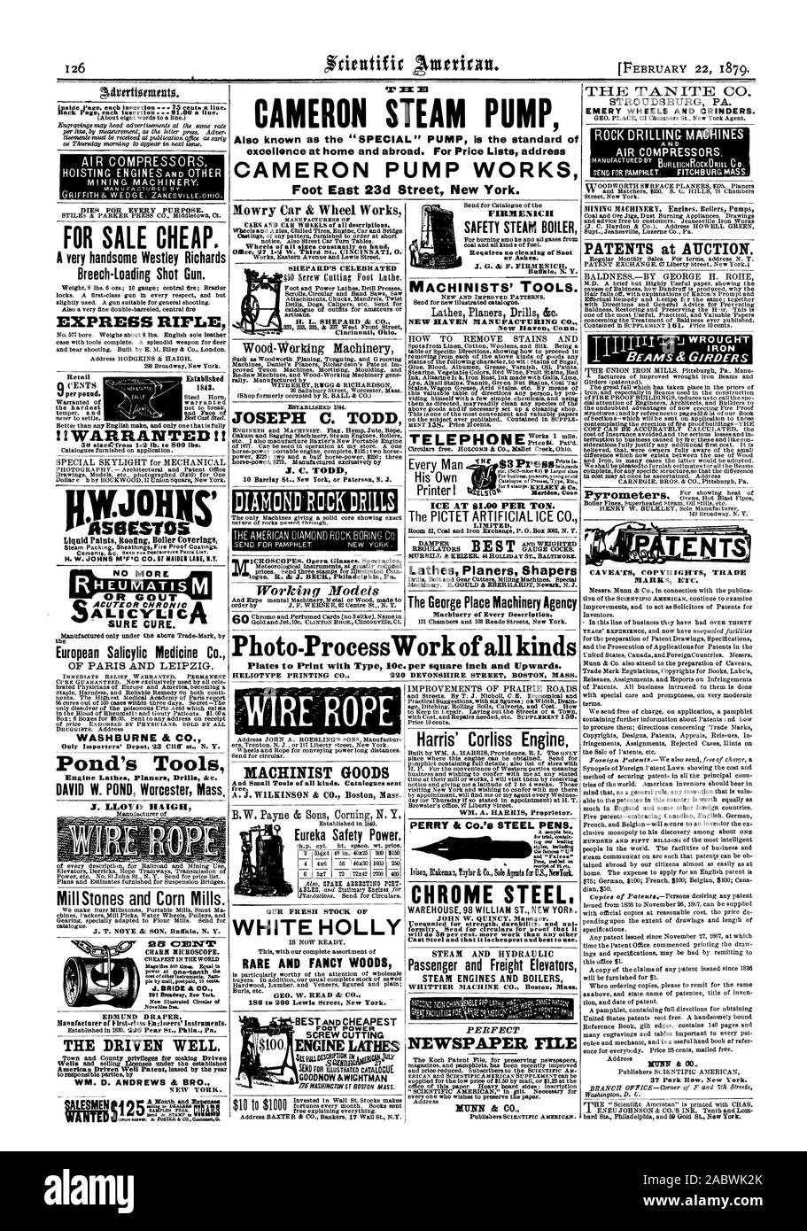 Advertionnents. Bergbau Maschinen; FÜR VERKAUF BILLIG. Ein sehr hübscher Westley Richards Breech-Loading Shot Gun. EXPRESS GEWEHR Q CENT ICH GERECHTFERTIGT! Ich Europäische Salicylsäure Medizin Co. VON PARIS UND LEIPZIG. WASHBURNE & Co's Pond Tools DAVID W. TEICH Worcester, Mass. J. LLOYD HAIGH Mühle Steine und Getreidemühlen. J.T. NOYE & SOHN Buffal N.Y., der angetrieben. WM. D. ANDREWS & BRO. S JOSEPH C. TODD J. C. TODD DIAMOND ROCK trocknet Modelle maschinist waren Eureka Sicherheit macht. Unsere frische Lager von FIRMENICH SICHERHEIT DAMPFKESSEL oder Asche. J. G.&F. FIRMENICH MASCHINISTEN' TOOLS. NEW HAVEN MANUFACTURING CO. Neue Stockfoto