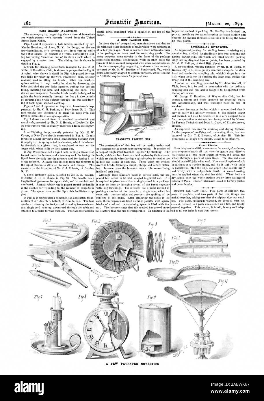 Einige Neue Erfindungen. Bradley's Karton. Technische Erfindungen. Gericht  Gips. Ich 41. Eine Neue Verpackung Ein Paar Patentierte Neuheiten.,  Scientific American, 1879-03-22 Stockfotografie - Alamy