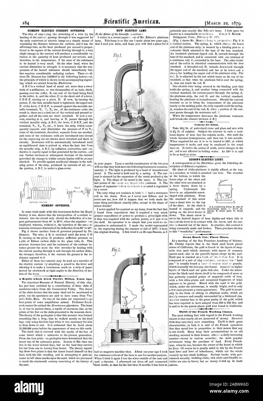 22. MÄRZ 1879. SIEMENS ELEKTRISCHER STROM Gouverneur. PIP 44A Reptile gelebt, zwölf Millionen Jahren. Neue elektrische Lampe Zement für Glas. VIII 4t EDISONS elektrische Licht. Ocean Beach (Cal.) Placer Minen. Sparsamkeit der französischen Arbeiterklasse. Vertikalen ABSCHNITT SIEMENS GOUVERNEUR., Scientific American, 1879-03-22 Stockfoto