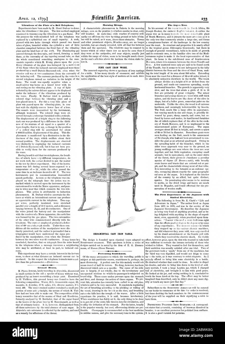 APRIL 12 18791 Schwingungen der Platte eines Bell Telefon. Boden Honig. Morgen Mirage. Feine GUSSEISEN ARBEITEN. Vermeidung von Seekrankheit. Der Arganbaum. Die ersten Erfahrungen der Japanischen mit statische Elektrizität. Zierpflanzen GUSSEISEN TABELLE., Scientific American, 1879-04-12 Stockfoto