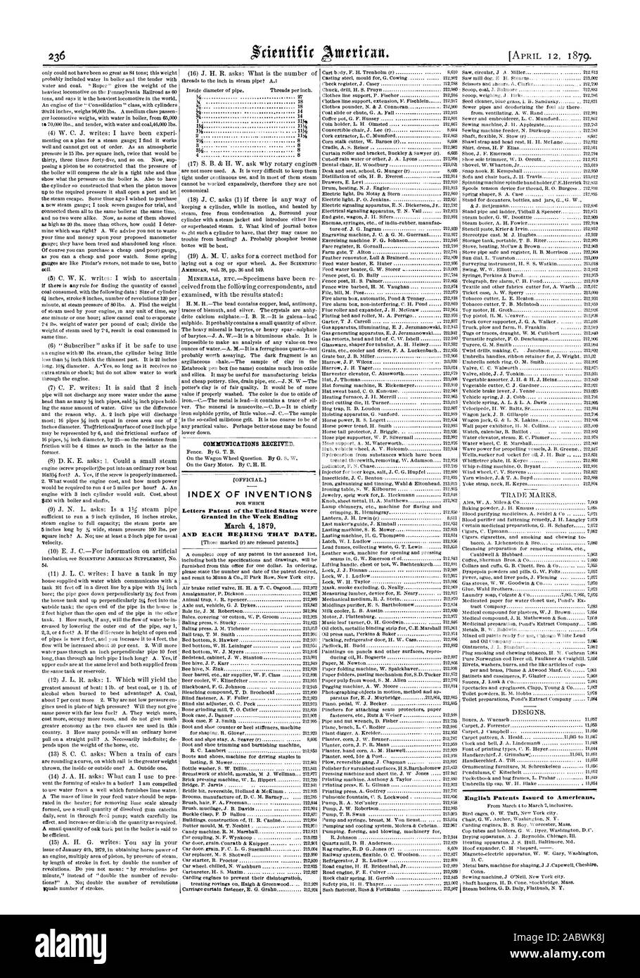 Kommunikation erhalten. INDEX DER ERFINDUNGEN Patentschriften der Vereinigten Staaten wurden in der Woche bis 4. März 1879 UND JEDES BEfRING DIESEM DATUM gewährt. DESIGNS. Englisch erteilten Patente zu den Amerikanern. 8, Scientific American, 1879-04-12 Stockfoto