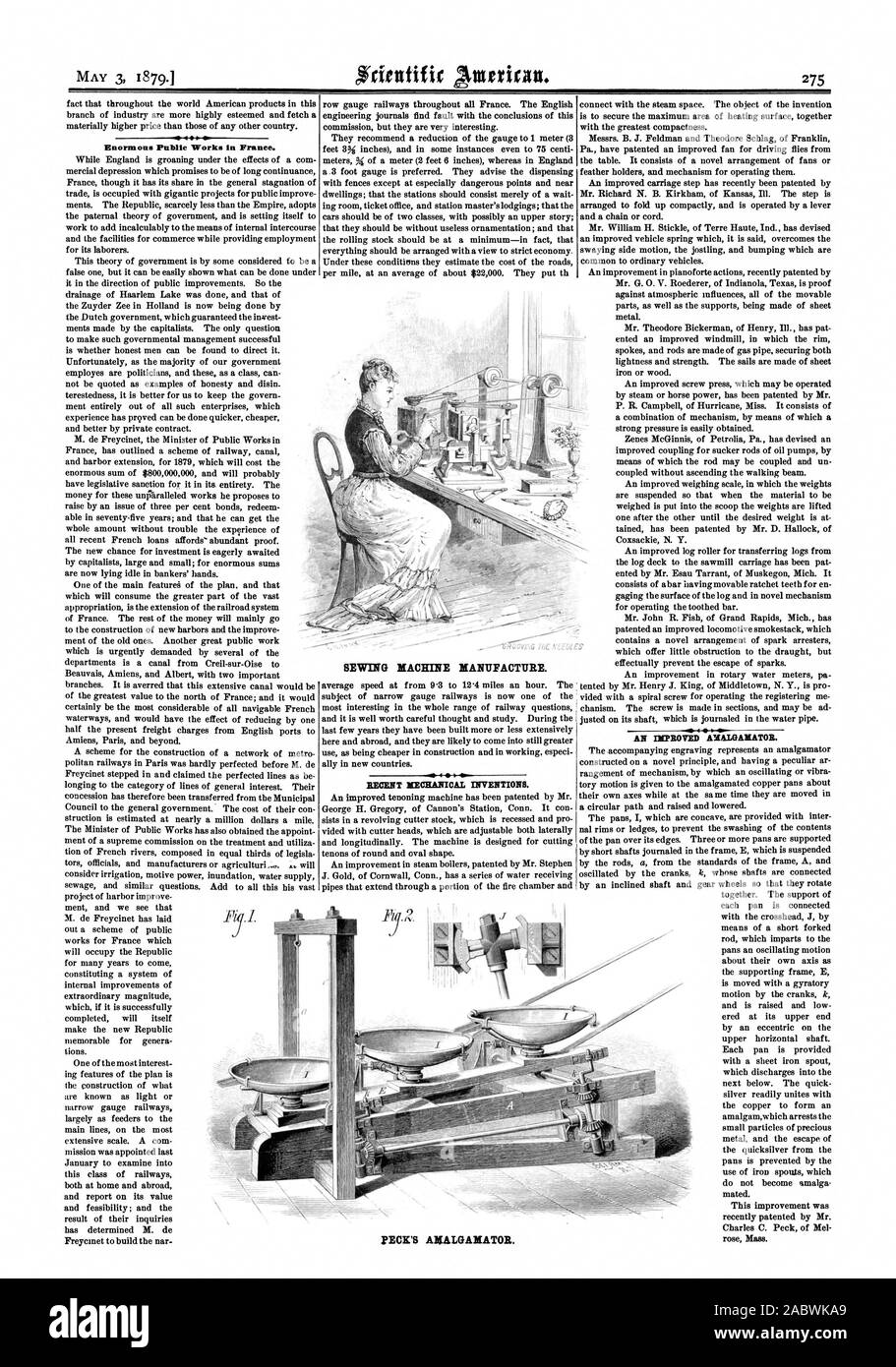 450 MAI 3 1879.1 enorme öffentliche Arbeiten in Frankreich. Nähmaschine herstellen. Pecks AMALGAMATOR., Scientific American, 1879-05-03 Stockfoto
