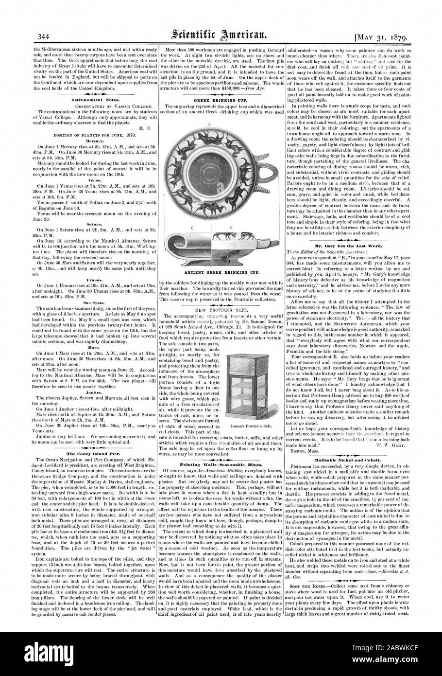 Astronomische Anmerkungen. Das Coney Island Pier. Griechische TRINKBECHER. Neue Bestimmung sicher. Malerei Walls-Seasonable Hinweise. Herr Gary das letzte Wort hat. Aus verformbarem Nickel und Kobalt. Antike griechische TRINKBECHER., Scientific American, 1879-05-31 Stockfoto