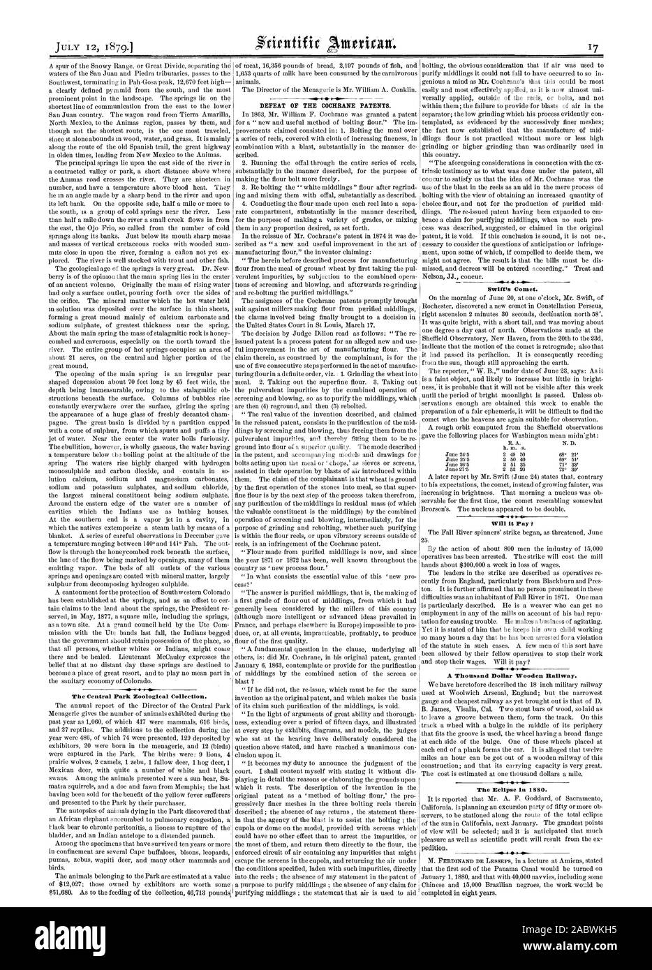 Der Central Park, die Zoologische Sammlung. 4 4 Niederlage DER COCHRANE PATENTE. Von Swift Comet. Es Tausend Dollar Holz- Bahn Zahlen. Die Sonnenfinsternis 1880., Scientific American, 1879-07-12 Stockfoto