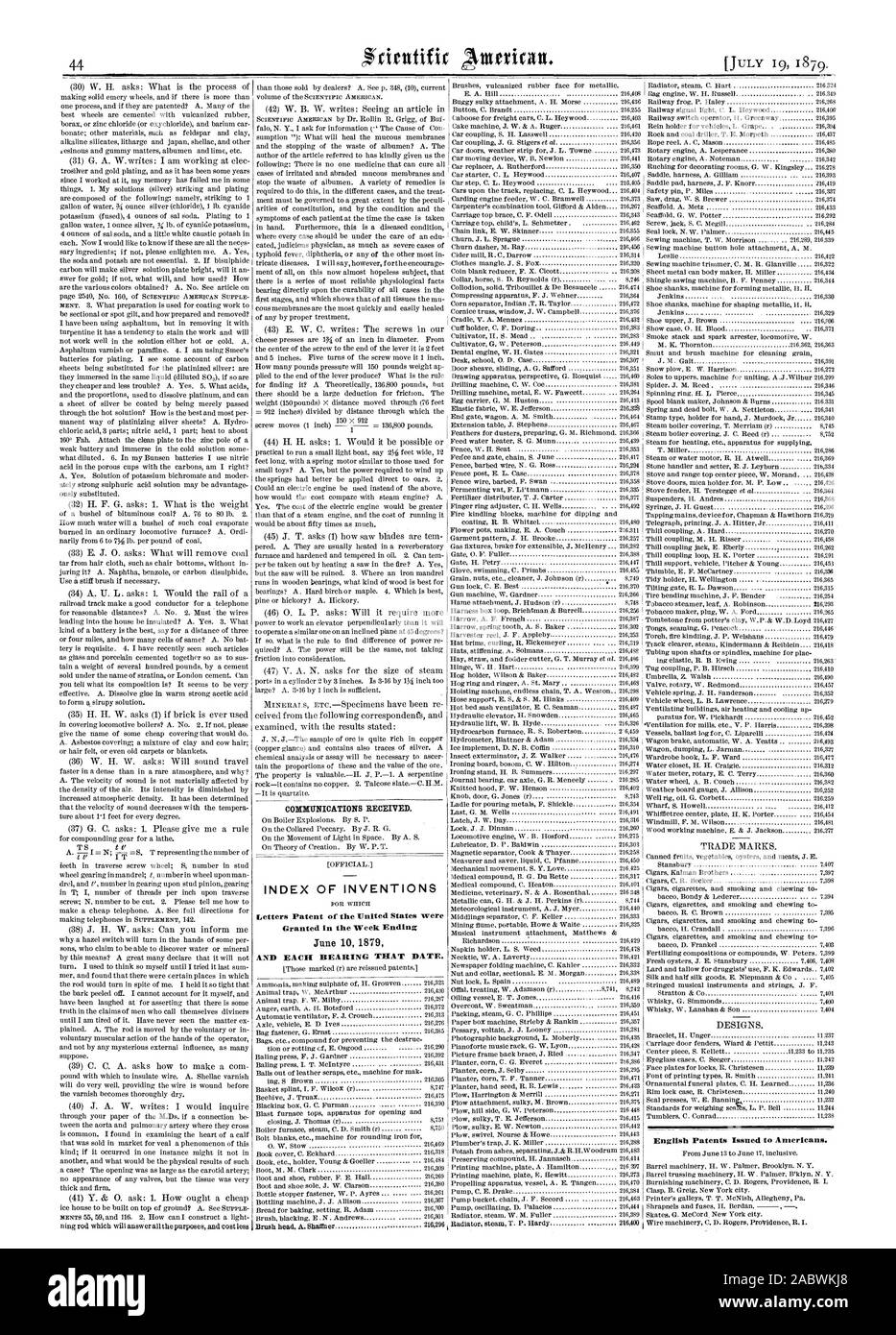 INDEX DER ERFINDUNGEN Patentschriften der Vereinigten Staaten wurden in der Woche bis zum 10. Juni 1879 UND JEDES LAGER DIESEM DATUM gewährt. Englisch erteilten Patente zu den Amerikanern., Scientific American, 1879-07-19 Stockfoto