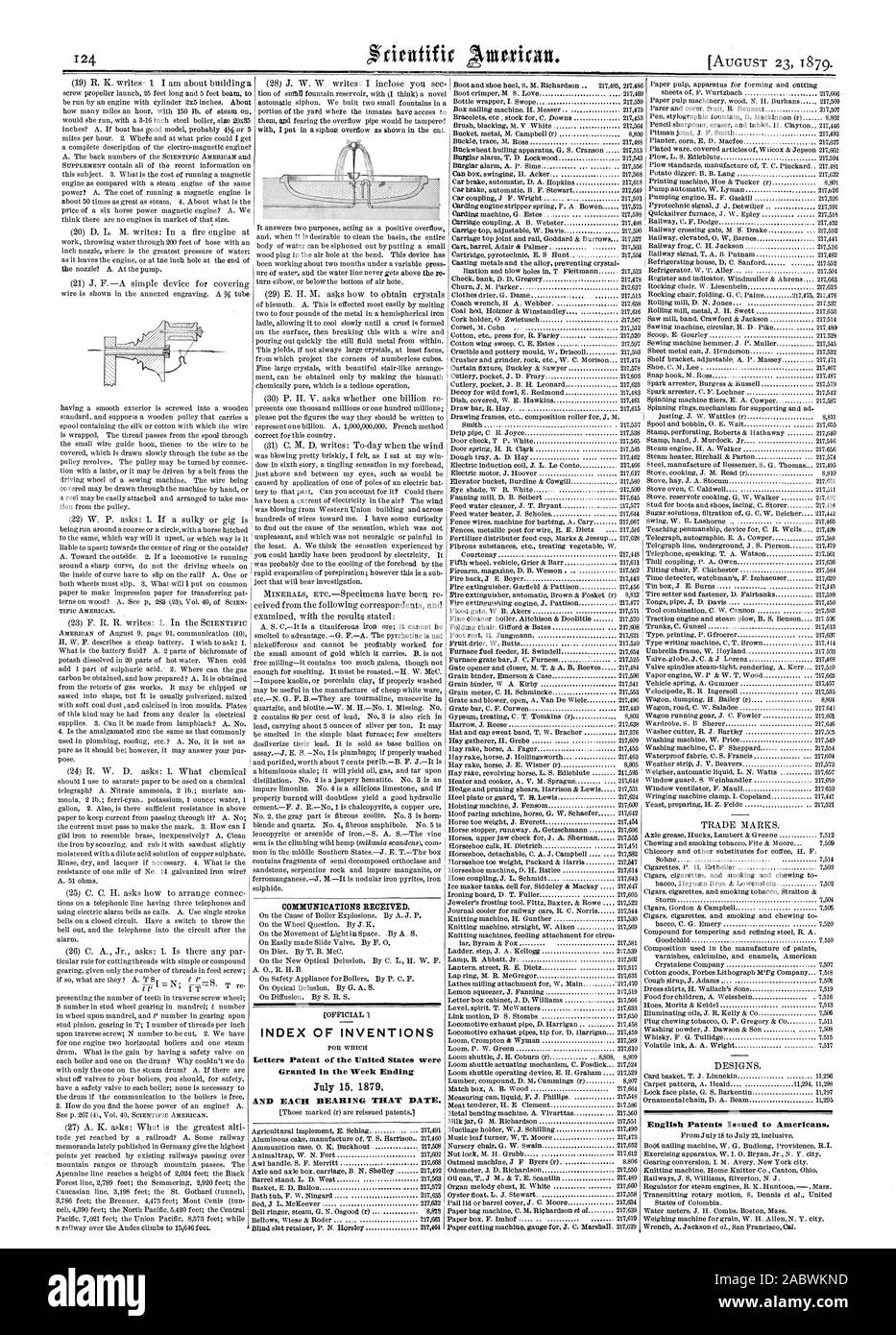 Kommunikation erhalten. INDEX DER ERFINDUNGEN Patentschriften der Vereinigten Staaten wurden in der Woche bis zum 15. Juli 1879 UND JEDES LAGER DIESEM DATUM gewährt. Englisch erteilten Patente zu den Amerikanern., Scientific American, 1879-08-23 Stockfoto