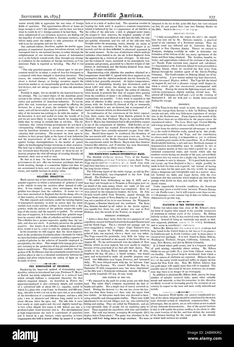 20. SEPTEMBER 1879 GELATINE NEGATIVE. Die Dissoziation von Chlor. Die NORDWESTPASSAGE ERFOLGREICH DURCHGEFÜHRT. 4 PLATINUM 1 N DEN VEREINIGTEN STAATEN., Scientific American, 1879-09-20 Stockfoto