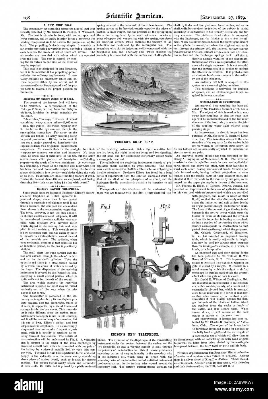 20 m² Mlles Ernten von Weizen. ENSON's neueste Telefon. Sonstiges Erfindungen. TUCKER'S SURF'S BOAT EDISON NEUE TELEFON., Scientific American, 1879-09-27 Stockfoto