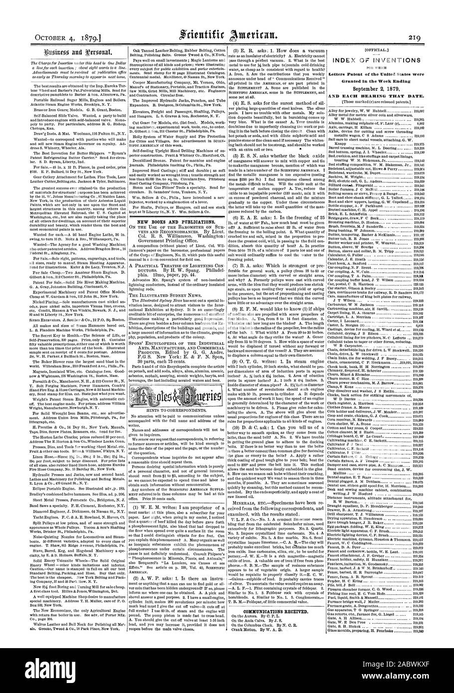 Neue einer der größten Pianisten und Publikationen. INDEX DER ERFINDUNGEN Patentschriften von "die Vereinigten Staaten in der Woche bis zum 2. September 1879 UND JEDES LAGER DIESEM DATUM gewährt wurden. Mitteilungen empfangen., Scientific American, 1879-10-04 Stockfoto