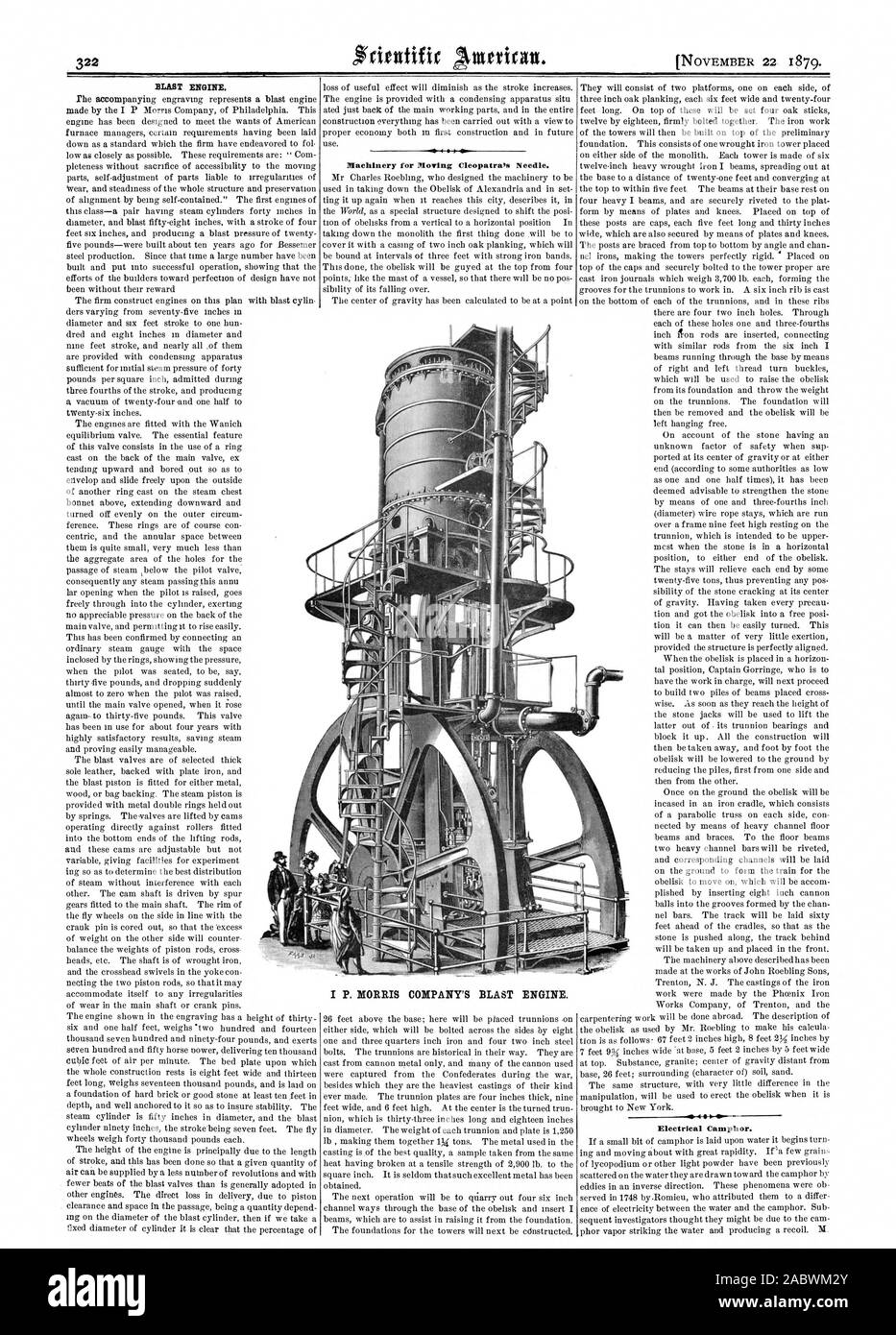 Maschinen für die beweglichen Cleopatra's Needle. Elektrische Kampfer. I S. MORRIS MOTOR COMPANY BLAST, Scientific American, 1879-11-22 Stockfoto