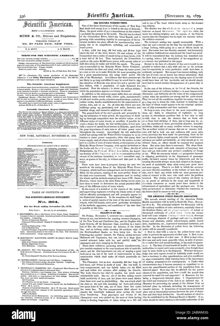 Ergänzung der Scientific American Scientific American Export Edition Inhalt. Die American Public Health Association., 1879-11-29 Stockfoto