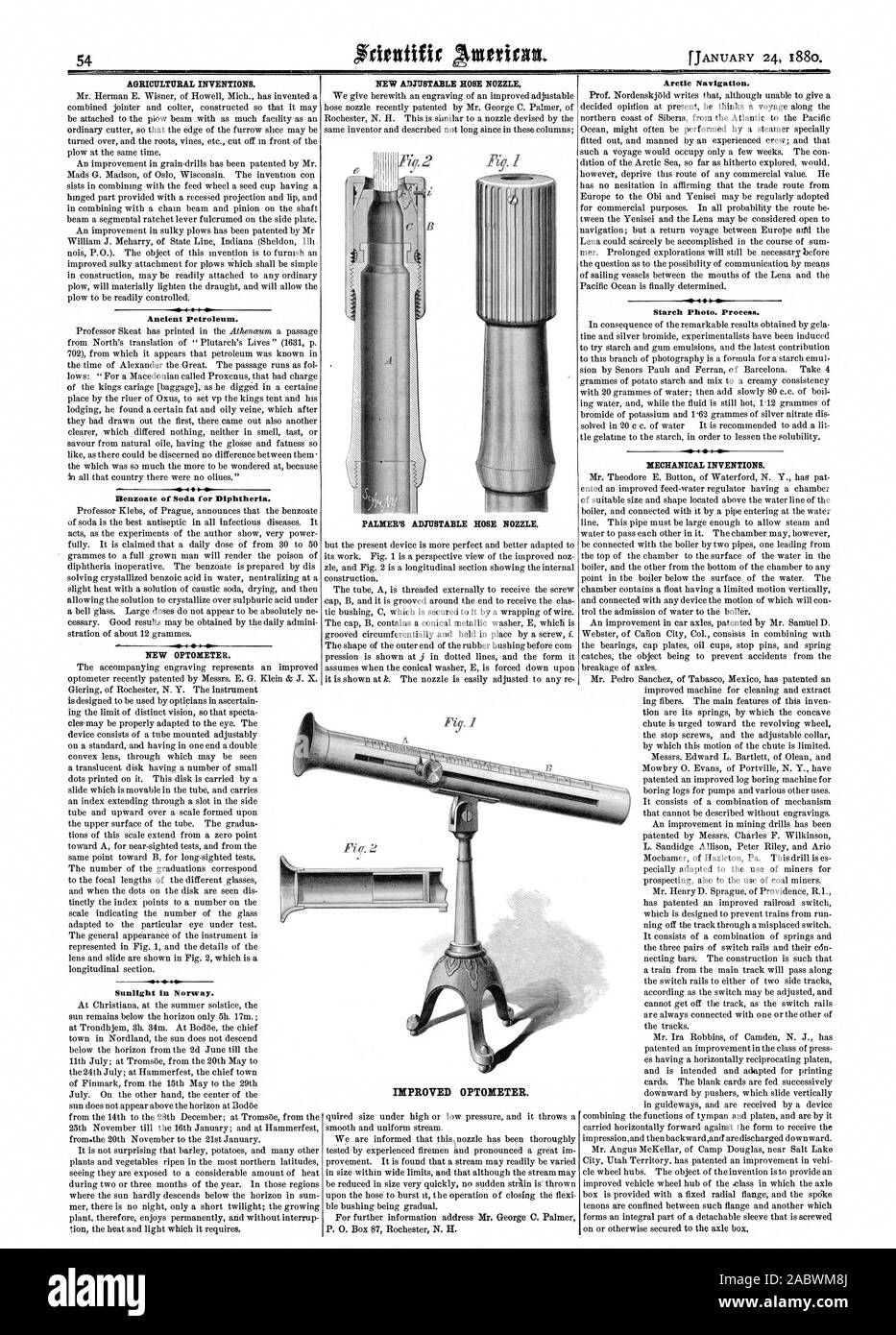 Landwirtschaftliche Erfindungen. Antike Erdöl. Natriumbenzoat von Soda für Diphtherie. Neue OPTOMETER. Sonnenlicht in Norwegen. Neue einstellbare SCHLAUCHTÜLLE. PALMER'S EINSTELLBARE SCHLAUCHTÜLLE. Arktis Navigation. Stärke Foto. Prozess. Mechanische Erfindungen. Verbesserte OPTOMETER., Scientific American, 1880-01-24 Stockfoto