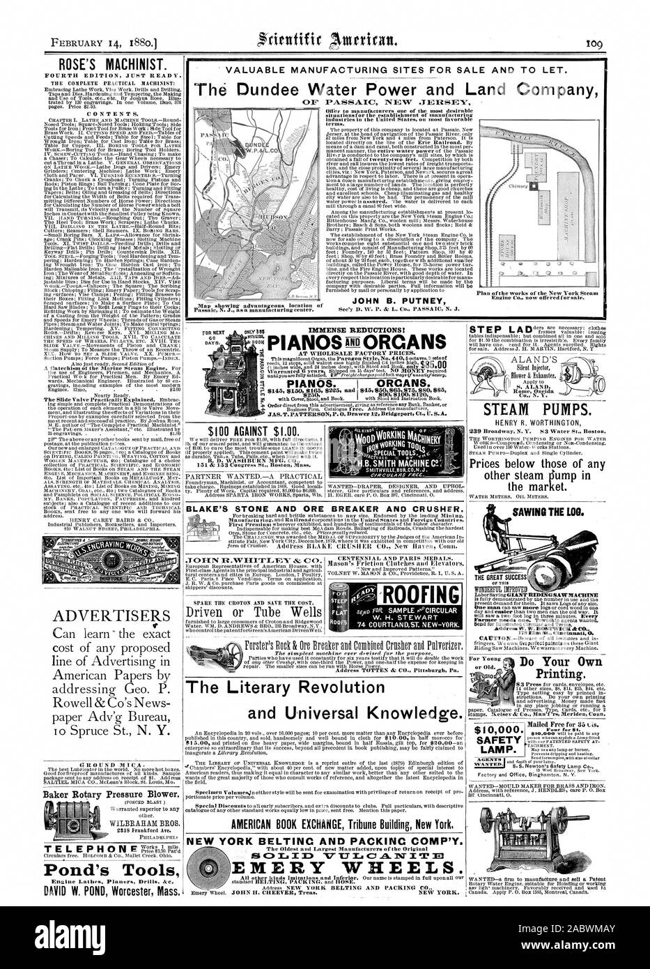 Wertvolle FERTIGUNGSSTANDORTE FÜR VERKAUF UND ZU LASSEN. Dundee Wasser Macht und Land Company PA.SSA.IC NEW JERSEY bieten die Hersteller eine der begehrtesten situationsfor die Errichtung der verarbeitenden Industrie in den Vereinigten Staaten über die günstigsten Konditionen. JOHN B. PUTNEY Plan der Werke des New York Steam Engine Co. jetzt zum Verkauf angeboten. IMMENSE KÜRZUNGEN! ROSE'S MASCHINIST. Vierte Ausgabe nur bereit. Inhalt. Gegen 100 $ $ 1,00. B. in D. WASHBURN MFG. Co.151 & 153 Kongress St. Boston Mass PARTNER WANTEDA PRAKTISCHE WOLLTE - DRAPER DESIGNER UND UPROL DAMPF PUMPEN. 239 Broadway New York 83 Stockfoto