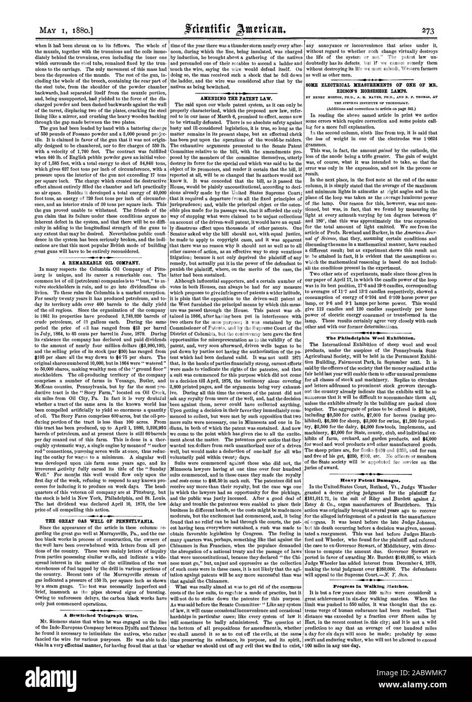 Eine bemerkenswerte Oil Company. Die große GASVORKOMMEN VON PENNSYLVANIA. Eine verhexte Telegraph Wire. Zur ÄNDERUNG DES PATENTRECHTS. Einige elektrische Messungen EINES VON HERRN EDISON'S HORSESHOE LAMPEN. Das STEVENS INSTITUT FÜR TECHNOLOGIE. --1 Der Philadelphia Wolle Ausstellung. Schwere Patent Schäden. Fortschritte in der Walking übereinstimmt., Scientific American, 1880-05-01 Stockfoto